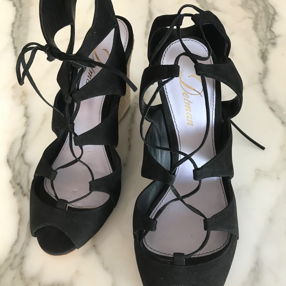Black suede criss cross tie up wedge